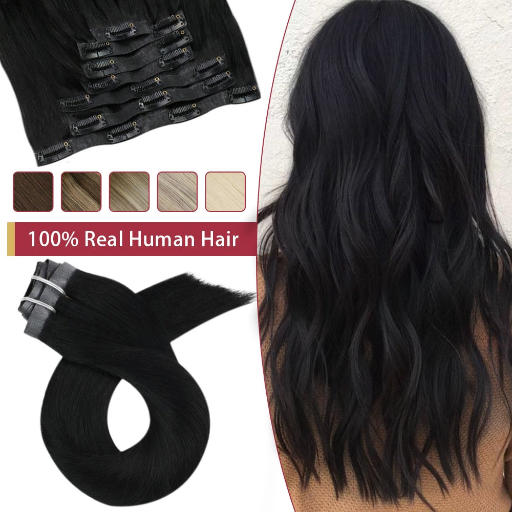Moresoo Seamless PU Clip in Human Hair Extensions 14-22 inch Hair Straight Machine Remy Brazilian 7PC 100G Natural Invisible