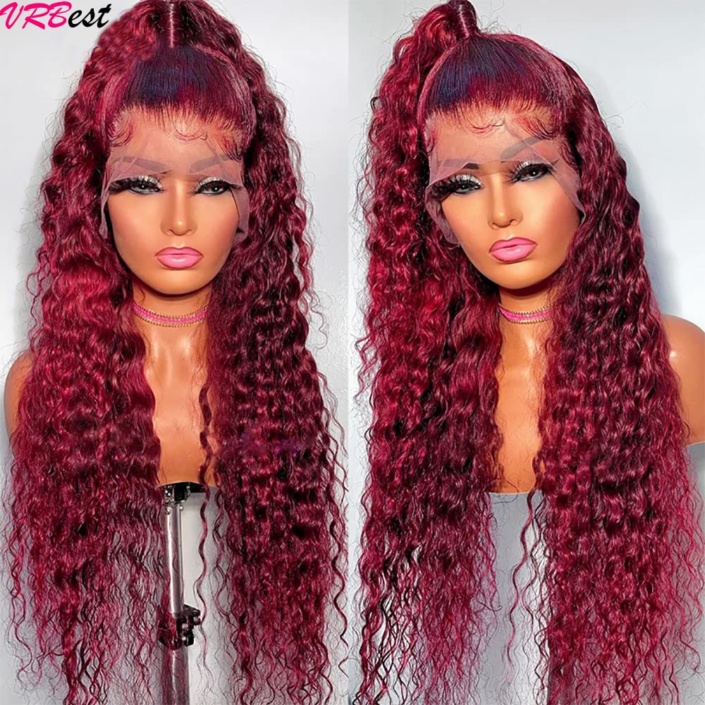 99J Colored Lace Front Human Hair Wigs Deep Wave Burgundy 13x4 HD Transparent Lace Frontal Wig Glueless Wine Red Wig For Women