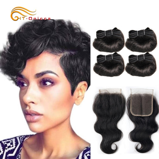 Htonicca Hair Extensions 8” Short Bob Style Body Wave Ombre 1B/27/30 Remy Human Hair Bundles Honey Blonde Brazilian Hair Weave