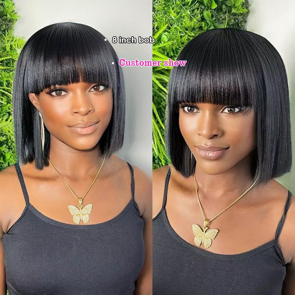Short Straight Hair Bob Wigs Brazilian Human Hair Wig With Bangs Remy Full Machine Made Wig for Women Non Lace Glueless Bob Wig