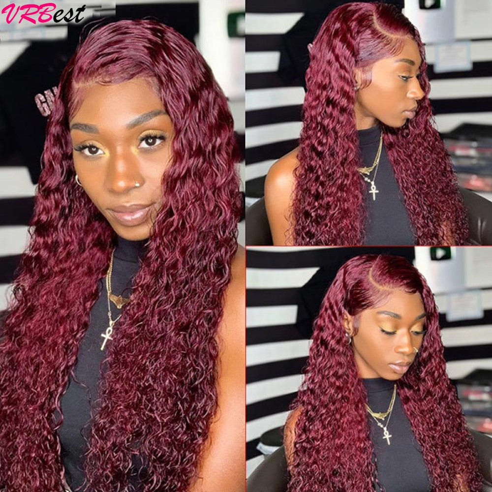 99J Colored Lace Front Human Hair Wigs Deep Wave Burgundy 13x4 HD Transparent Lace Frontal Wig Glueless Wine Red Wig For Women