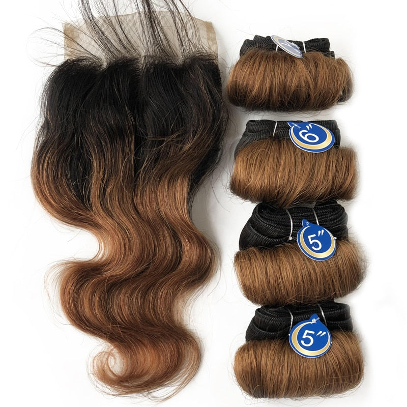 Htonicca Hair Extensions 8” Short Bob Style Body Wave Ombre 1B/27/30 Remy Human Hair Bundles Honey Blonde Brazilian Hair Weave