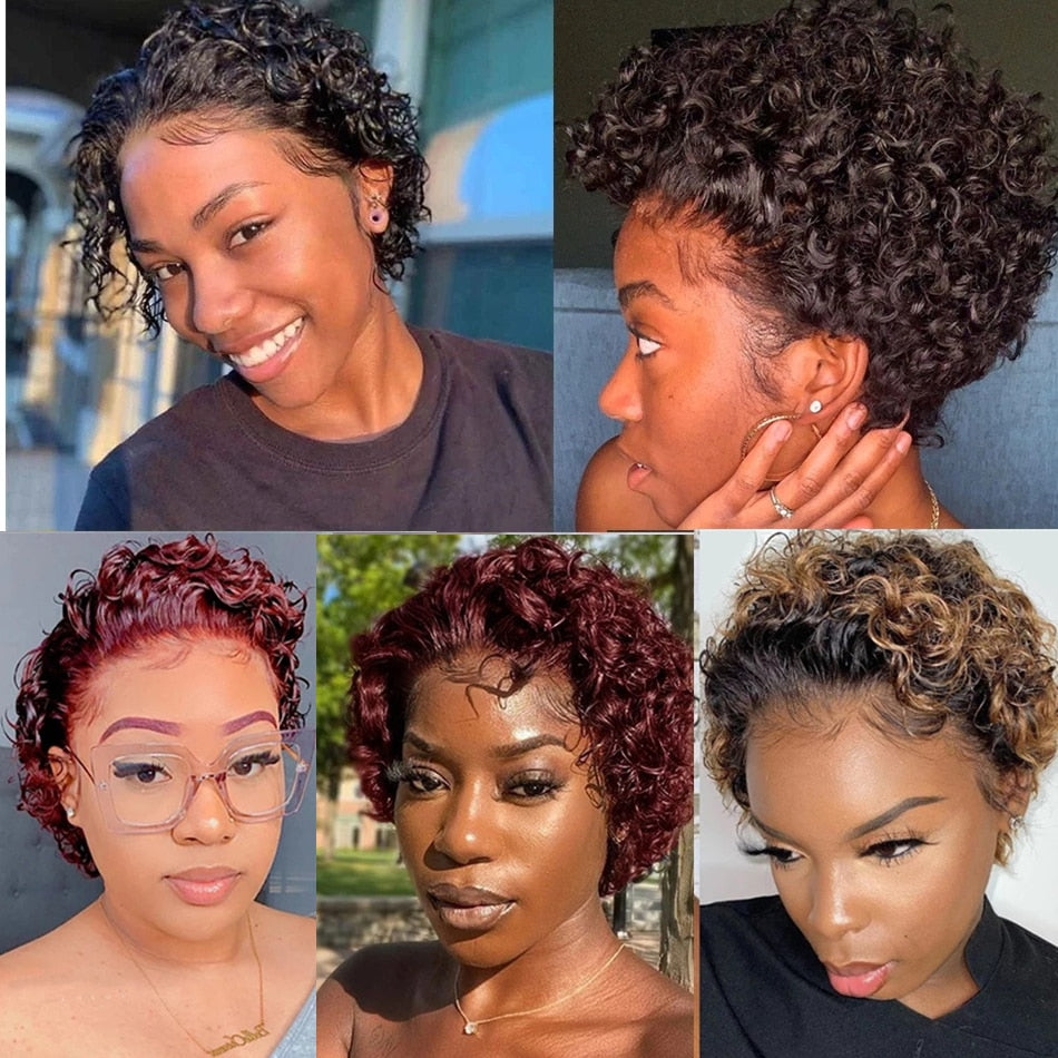 Pixie Cut Wig Short Bob Curly Human Hair Wigs Cheap 13X1 Transparent Lace 99J Burgundy Water Deep Wave Lace Front Wig For Women