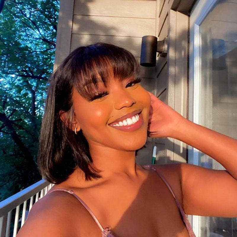 Straight Bob Human Hair Wigs With Bang Full Machine Made Wigs Brazilian Remy Human Hair Bob Wigs For Black Woman 10 12 inch