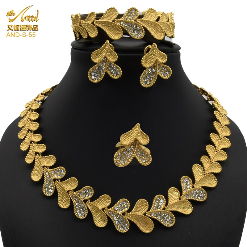 Nigerian Wedding Jewelry Set Gold Plated Dubai African Chokers Necklace Earrings Rings Fashion Bridal Jewellery Sets For Women