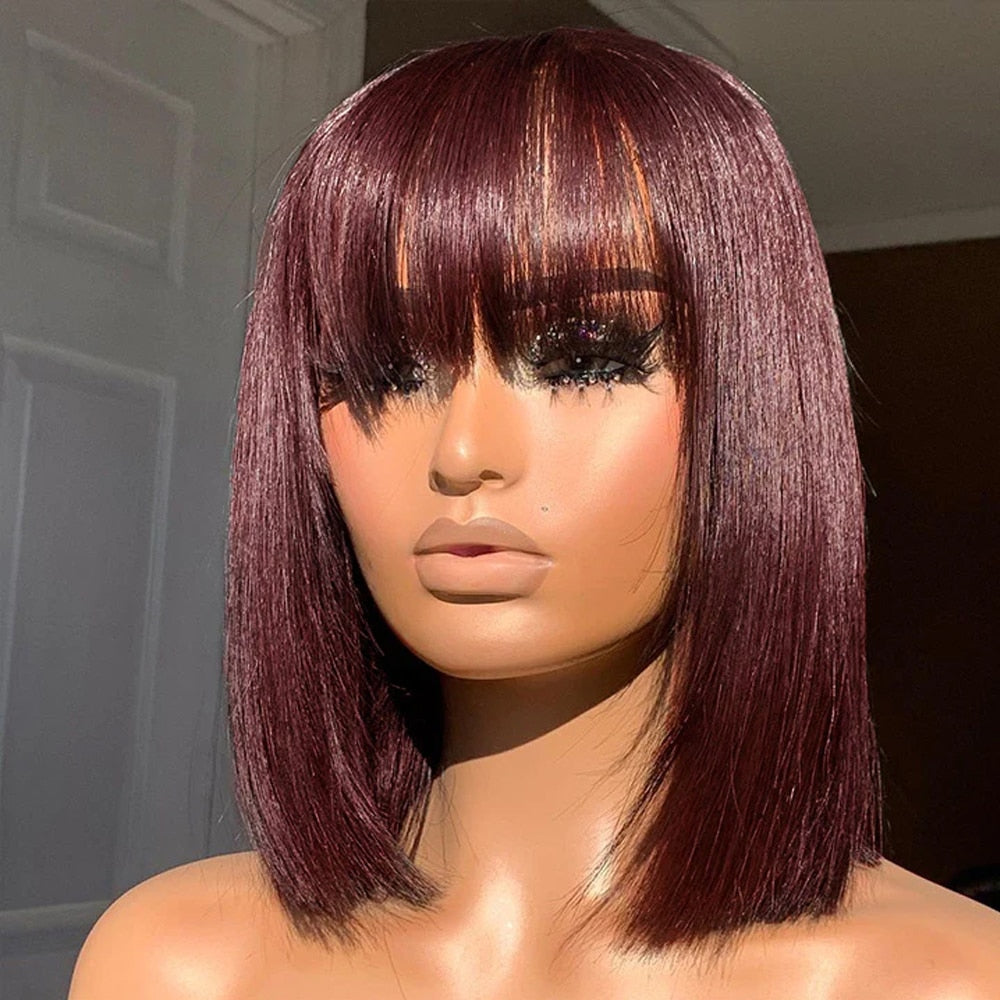 Straight Bob Human Hair Wigs With Bang Full Machine Made Wigs Brazilian Remy Human Hair Bob Wigs For Black Woman 10 12 inch