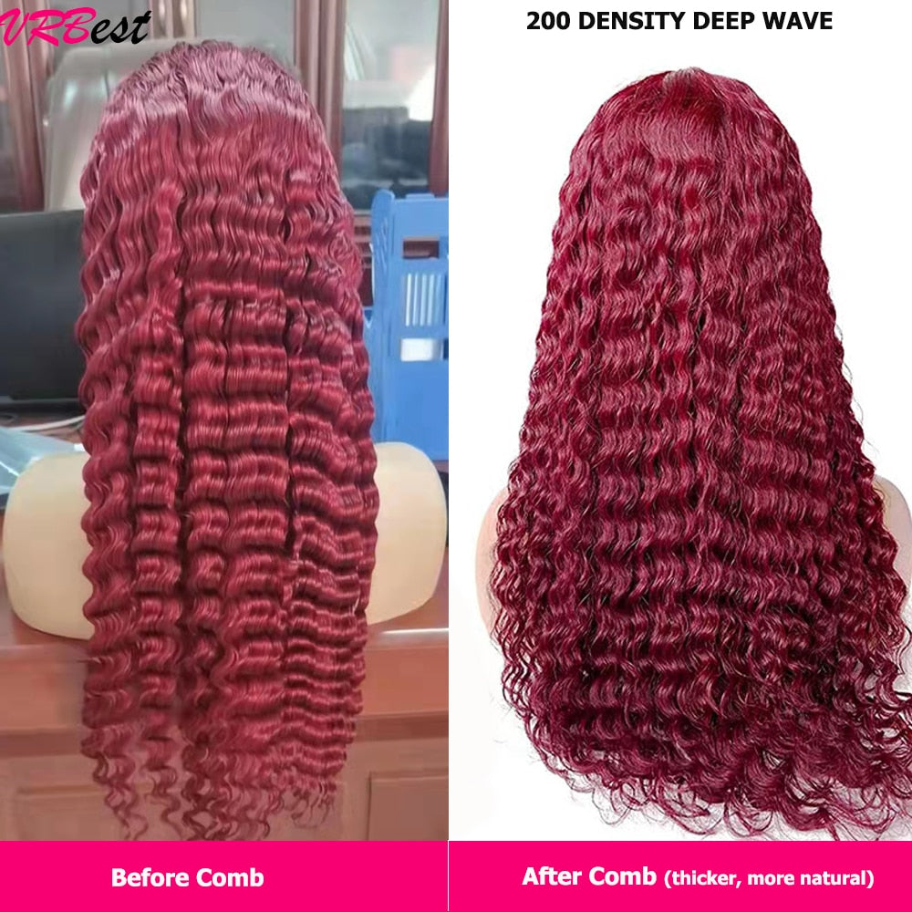 99J Colored Lace Front Human Hair Wigs Deep Wave Burgundy 13x4 HD Transparent Lace Frontal Wig Glueless Wine Red Wig For Women