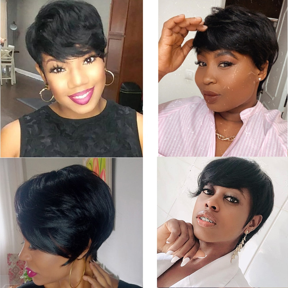 SSH Short Human Hair Wigs Pixie Cut Straight Remy Brazilian Hair for Black Women Machine Made Highlight Color Cheap Glueless Wig