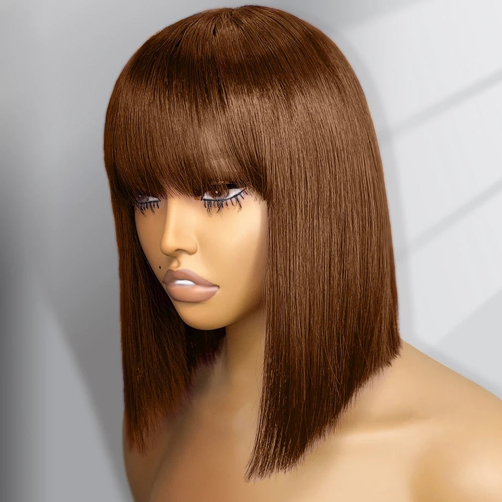 Straight Bob Human Hair Wigs With Bang Full Machine Made Wigs Brazilian Remy Human Hair Bob Wigs For Black Woman 10 12 inch