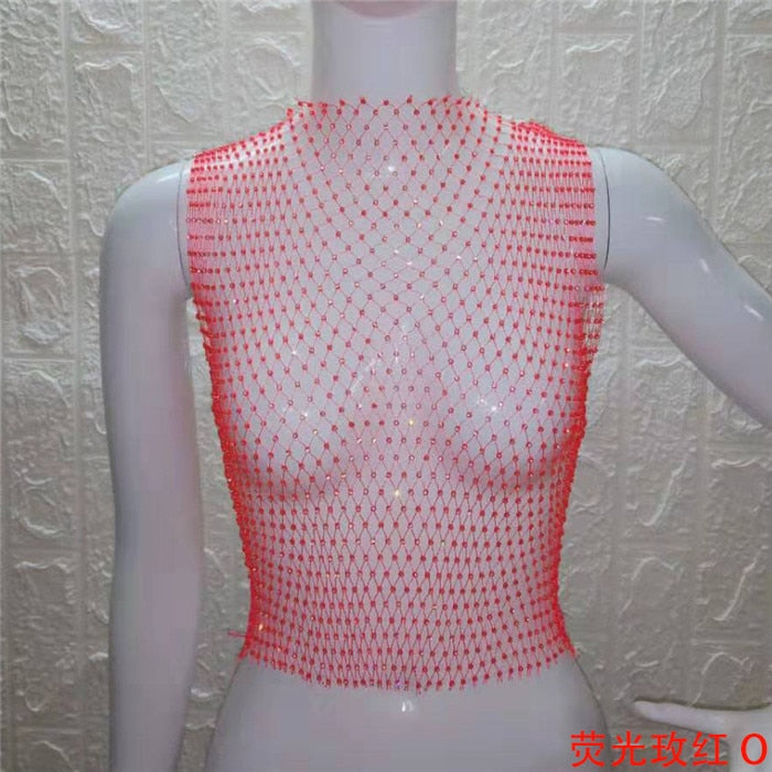 FestivalQueen Sexy Diamonds Mesh Cropped Tank Top Women Summer Cover Up Bikini See Through Rhinestone Net Party Club Crop Top