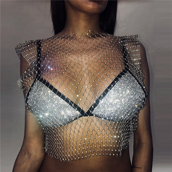 FestivalQueen Sexy Diamonds Mesh Cropped Tank Top Women Summer Cover Up Bikini See Through Rhinestone Net Party Club Crop Top