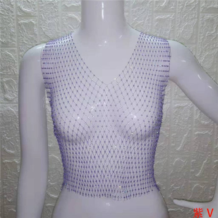 FestivalQueen Sexy Diamonds Mesh Cropped Tank Top Women Summer Cover Up Bikini See Through Rhinestone Net Party Club Crop Top