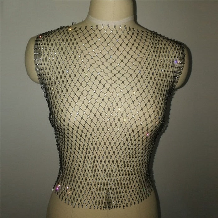 FestivalQueen Sexy Diamonds Mesh Cropped Tank Top Women Summer Cover Up Bikini See Through Rhinestone Net Party Club Crop Top