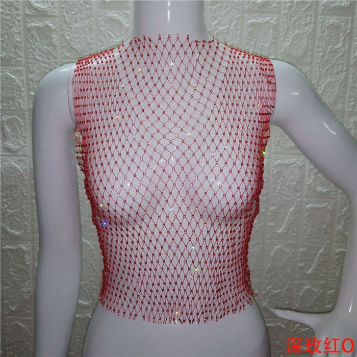 FestivalQueen Sexy Diamonds Mesh Cropped Tank Top Women Summer Cover Up Bikini See Through Rhinestone Net Party Club Crop Top