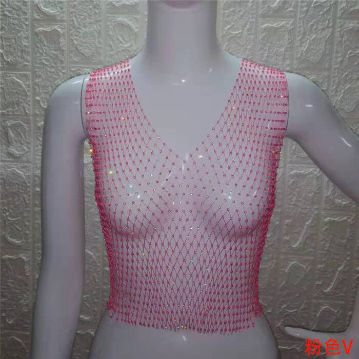 FestivalQueen Sexy Diamonds Mesh Cropped Tank Top Women Summer Cover Up Bikini See Through Rhinestone Net Party Club Crop Top