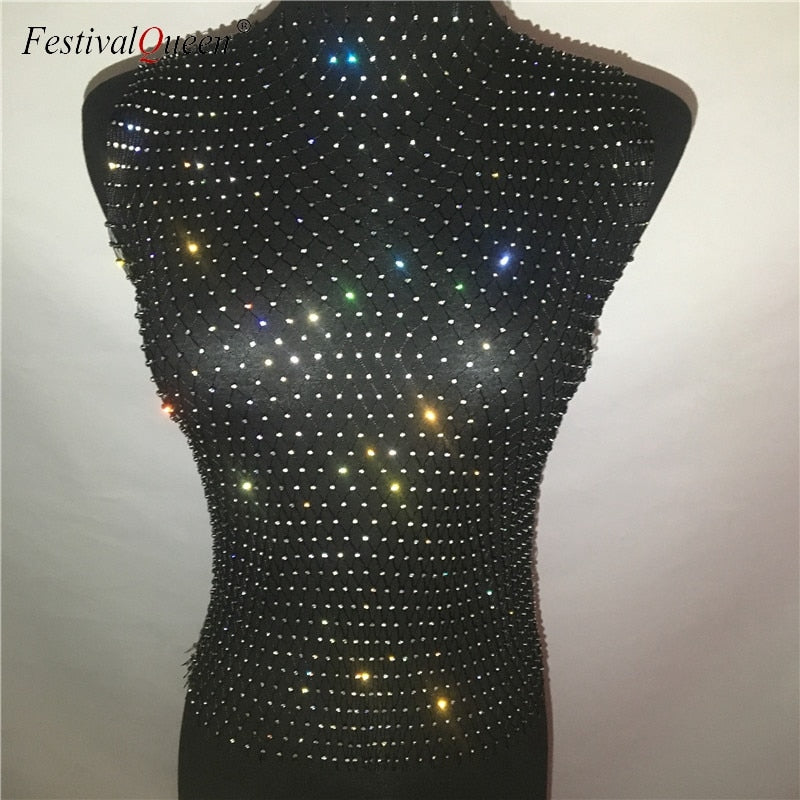 FestivalQueen Sexy Diamonds Mesh Cropped Tank Top Women Summer Cover Up Bikini See Through Rhinestone Net Party Club Crop Top